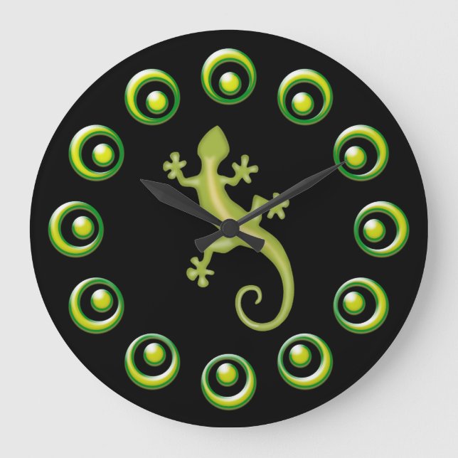 Retro Rings And Lime Green Lizards Cool Design Large Clock (Front)