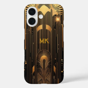 Retro Roaring 20's Art Deco Black Gold Monogram iPhone 16 Case
