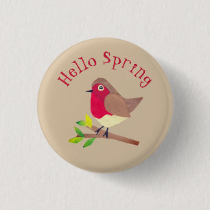 Retro Robin Hello Spring Cute Personalised Spring 3 Cm Round Badge