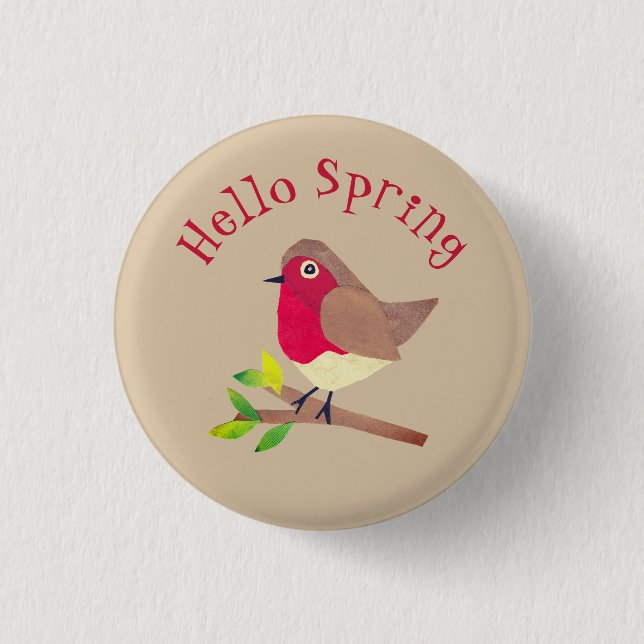 Retro Robin Hello Spring Cute Personalised Spring 3 Cm Round Badge (Front)