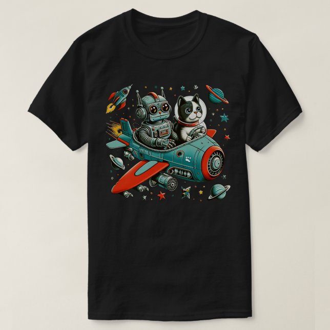 Retro Robot and Cat in Space T-Shirt (Design Front)