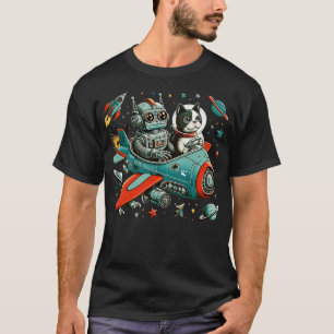 Retro Robot and Cat in Space T-Shirt