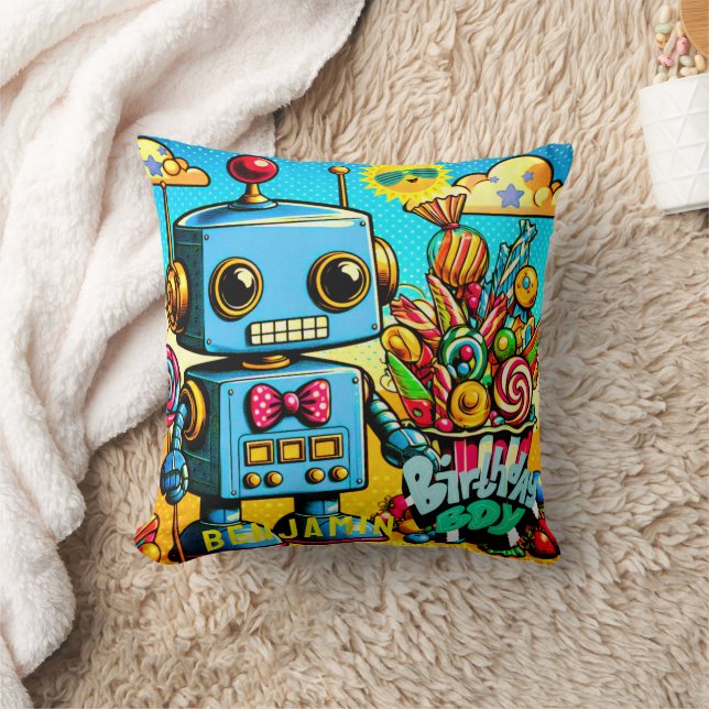 Retro Robot Birthday Boy customisable Cushion (Blanket)