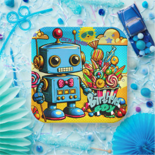 Retro Robot Birthday Boy customisable Paper Plate
