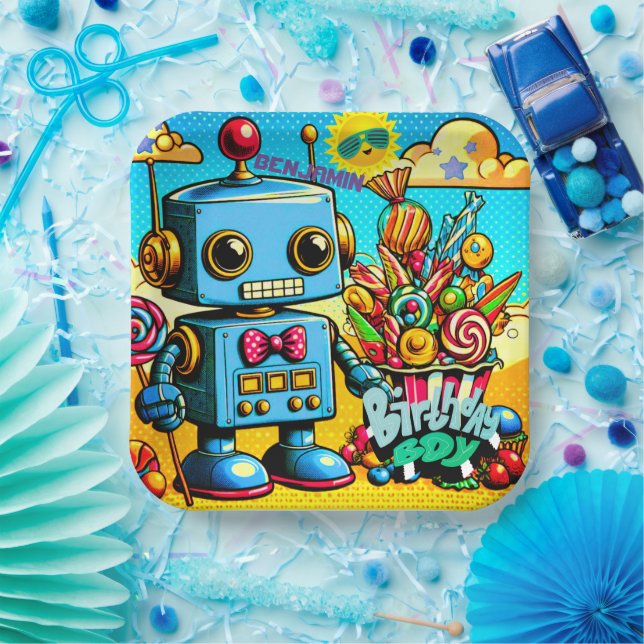 Retro Robot Birthday Boy customisable Paper Plate (Party)