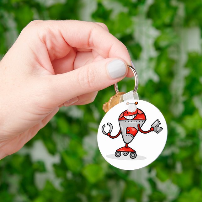 Retro Robot Cartoon Fun Red and Silver AI Bot  Key Ring (Creator Uploaded)