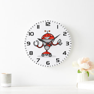 Retro Robot Cartoon Fun Red and Silver AI Bot  Large Clock