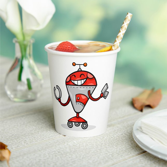 Retro Robot Cartoon Fun Red and Silver AI Bot  Paper Cups (Creator Uploaded)