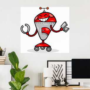 Retro Robot Cartoon Fun Red and Silver AI Bot  Poster
