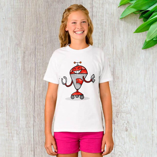 Retro Robot Cartoon Fun Red and Silver AI Bot  T-Shirt (Creator Uploaded)