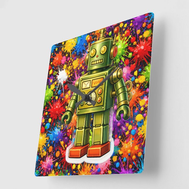 Retro robot color burst square wall clock (Angle)