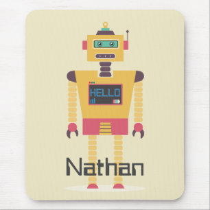Retro Robot Illustration Personalised Kids Mouse Pad