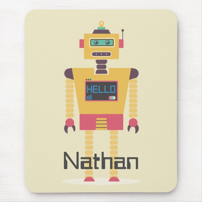 Retro Robot Illustration Personalised Kids Mouse Pad (Front)