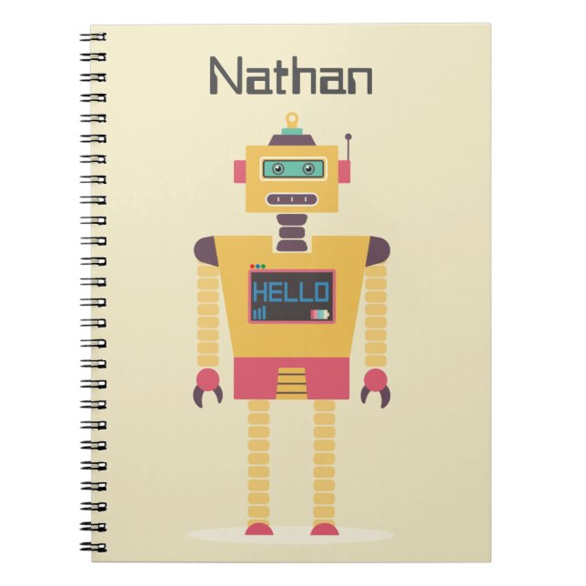 Retro Robot Illustration Personalised Kids Notebook (Front)