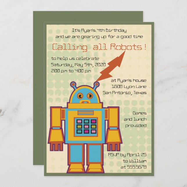 Retro Robot kids birthday party Invitation (Front/Back)