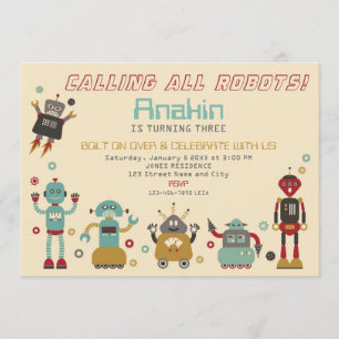 Retro Robot Party Birthday Invitation