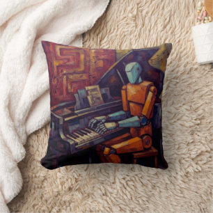 RETRO ROBOT PIANIST II VINTAGE AI MUSICIAN CUSHION