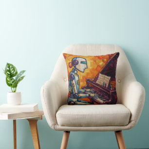 RETRO ROBOT PIANIST VI   COLORFUL VINTAGE PIANO AR CUSHION