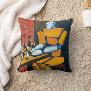RETRO-ROBOT PLAYING CHESS   COLOURFUL DECORATIVE CUSHION