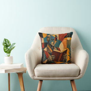 RETRO ROBOT READING I ABSTRACT BOOK LOVER DECOR CUSHION