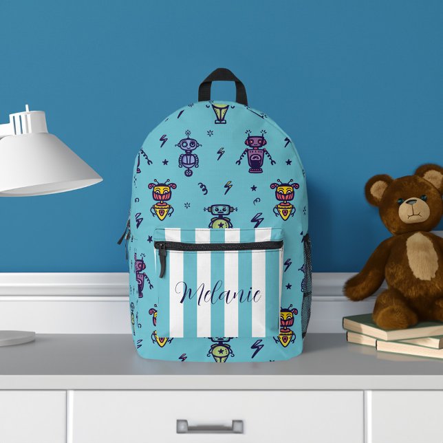 Retro Robotic Robots Colourful Blue Name Printed Backpack (Retro Robotic Robots Colorful Blue Name Printed Backpack)