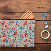 Retro Robots Blue and Red Patterned