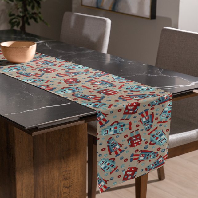 Retro Robots Blue and Red Patterned Short Table Runner (Creator Uploaded)