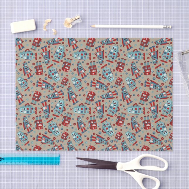Retro Robots Blue and Red Patterned Tissue Paper (Craft)