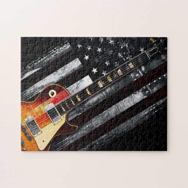 RETRO ROCK American Flag and Electric Guitar Jigsaw Puzzle (Horizontal)