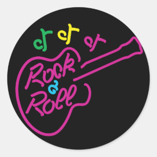 Retro Rock and Roll Neon Sign Guitar and Notes Classic Round Sticker