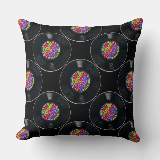 Retro Rock & Roll Vinyl Throw Pillow (Front)
