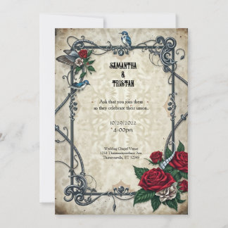 Retro Rockabilly Blue Bird Tattoo Goth Wedding Invitation