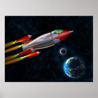 Retro rocket in space poster