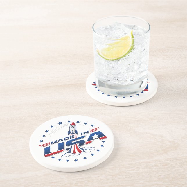 Retro Rocket Made in USA Patriotic Badge Coaster (Side)