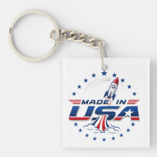 Retro Rocket Made in USA Patriotic Badge Key Ring