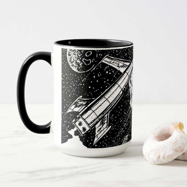 Retro Rocket Mug – Cosmic Cool in Black & White (With Donut)