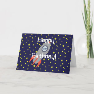 Retro Rocket Ship and Stars Happy Birthday Card