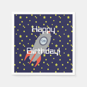 Retro Rocket Ship and Stars  Happy Birthday Napkin