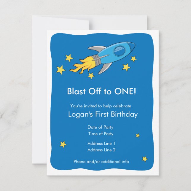 Retro Rocket Ship Blast Off Birthday Invitation (Front)