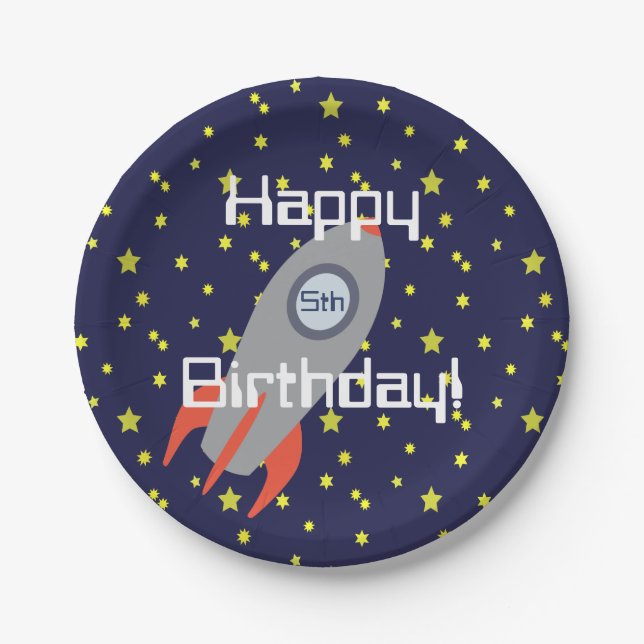 Retro Rocket Ship  Happy Birthday Paper Plate (Front)