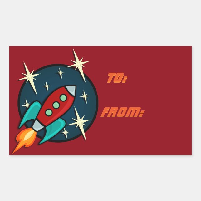 RETRO ROCKET SHIP RECTANGLE GIFT STICKERS (Front)