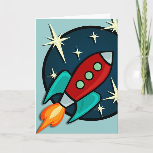 RETRO ROCKET SHIP VERTICAL GREETING CARD (Front)