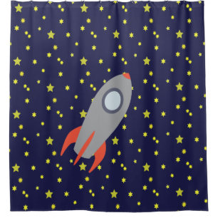 Retro Rocket Ship with Star Pattern Background Shower Curtain