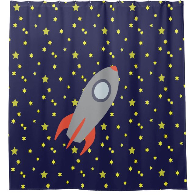 Retro Rocket Ship with Star Pattern Background Shower Curtain (Front)