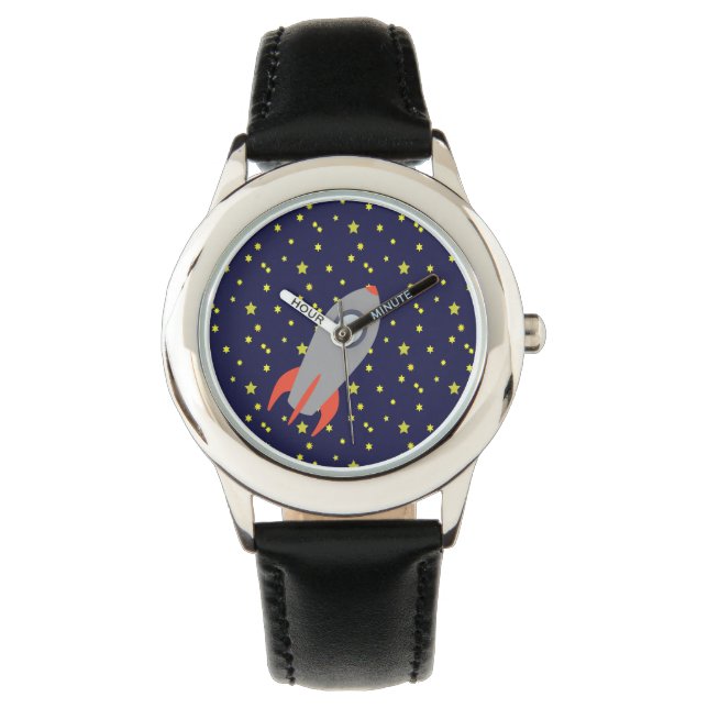 Retro Rocket Ship with Star Pattern Background Watch (Front)