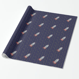 Retro Rocket Ship with Star Pattern Background Wrapping Paper