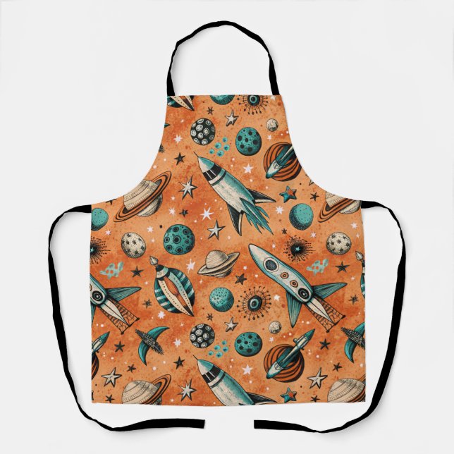 Retro Rocket Space Pattern Terracotta Teal Apron (Front)