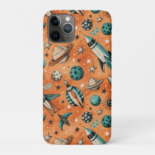 Retro Rocket Space Pattern Terracotta Teal iPhone 11 Pro Case