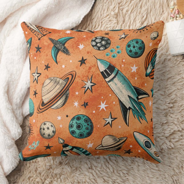 Retro Rocket Space Pattern Terracotta Teal Cushion (Blanket)