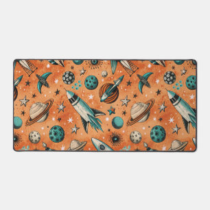 Retro Rocket Space Pattern Terracotta Teal Desk Mat
